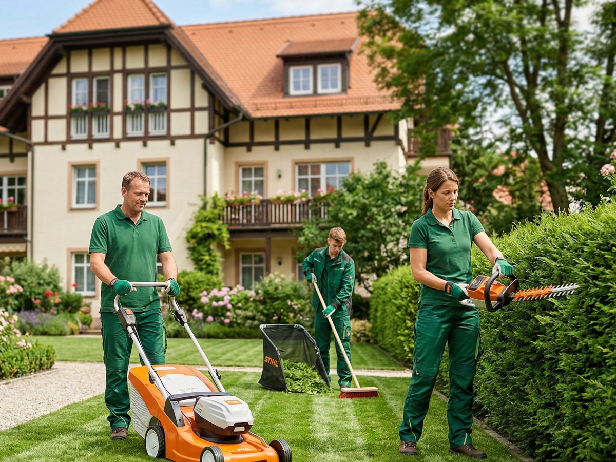SKGreen Team bei der Gartenpflege – Rasenmähen und Heckenschnitt vor einem gepflegten Wohngebäude